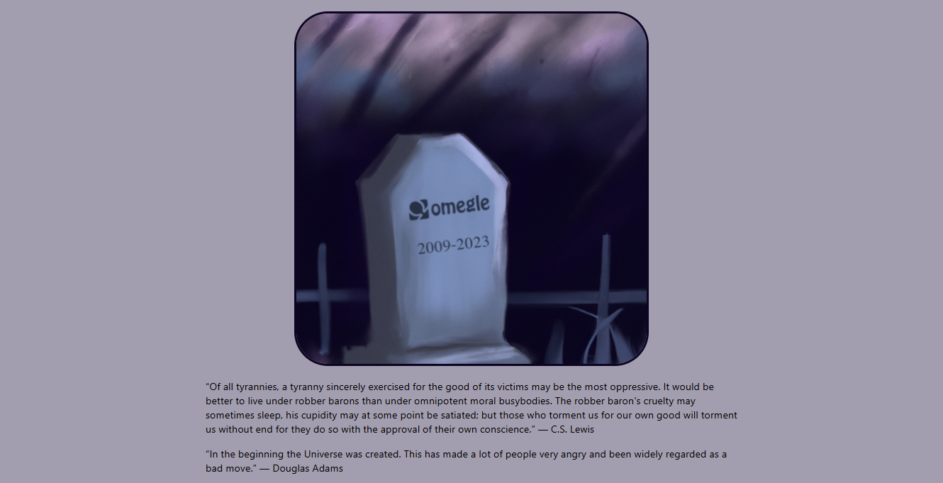 Omegle shutdown page with a tombstone graphic reading 2009–2023