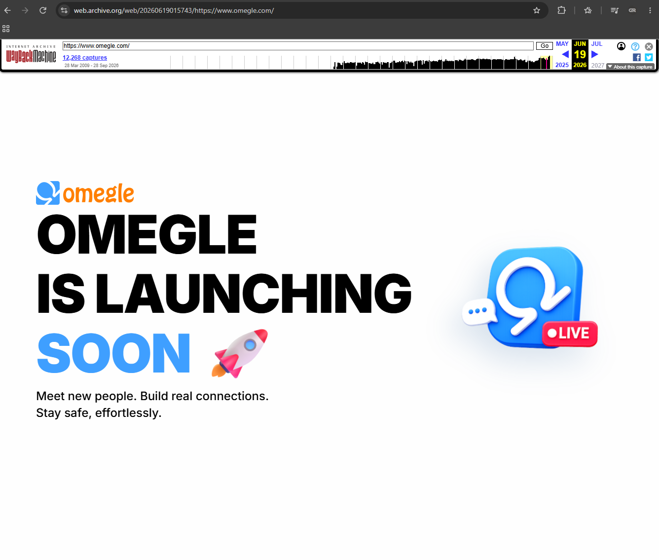 Archived Omegle homepage from June 19, 2026 saying Omegle is launching soon